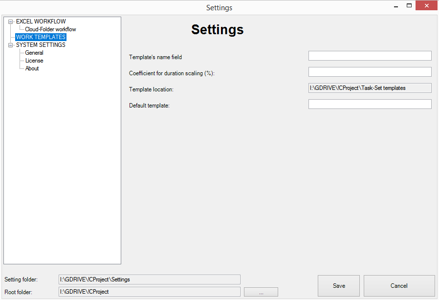 Construction Project settings window